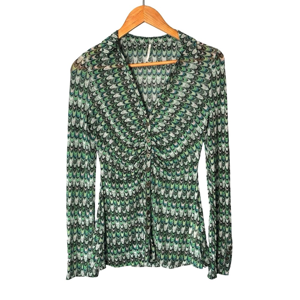 Free People‎ Green Peacock Feather Mesh Button Up Top XS